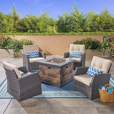 St. Marta Conversation Set with Fire Pit Cushioned Wicker Club Chairs(Set of 4) by Christopher Knight Home