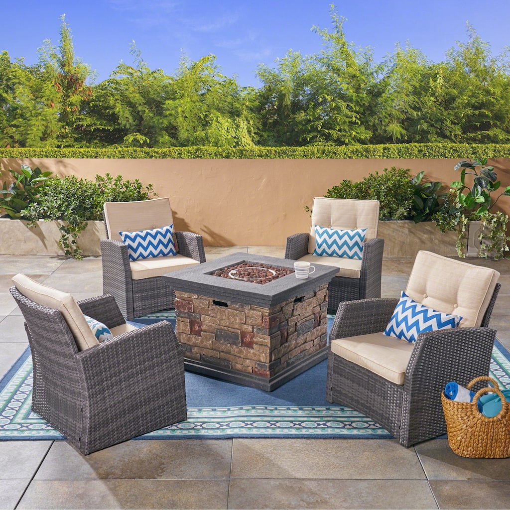 St. Marta Conversation Set with Fire Pit Cushioned Wicker Club Chairs(Set of 4) by Christopher Knight Home