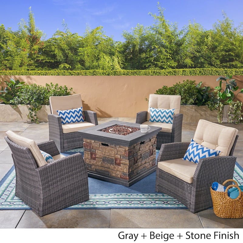 St. Marta Conversation Set with Fire Pit Cushioned Wicker Club Chairs(Set of 4) by Christopher Knight Home