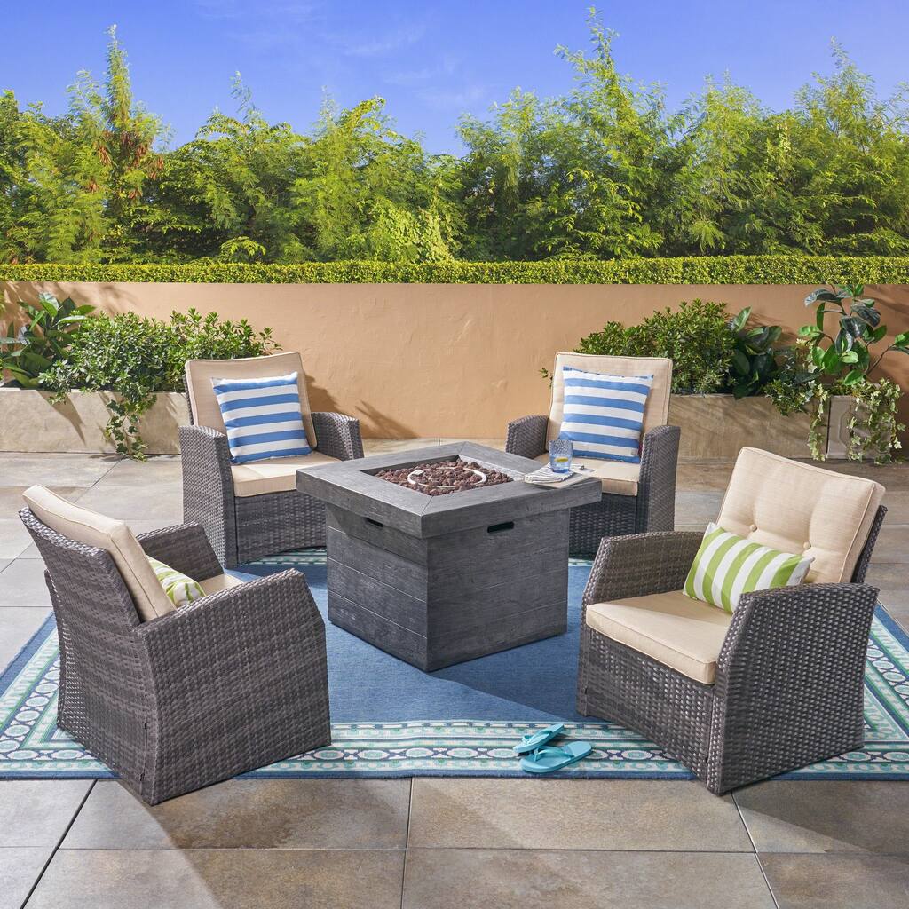St. Marta Conversation Set with Fire Pit Cushioned Wicker Club Chairs(Set of 4) by Christopher Knight Home