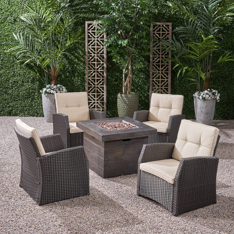 St. Marta Conversation Set with Fire Pit Cushioned Wicker Club Chairs(Set of 4) by Christopher Knight Home