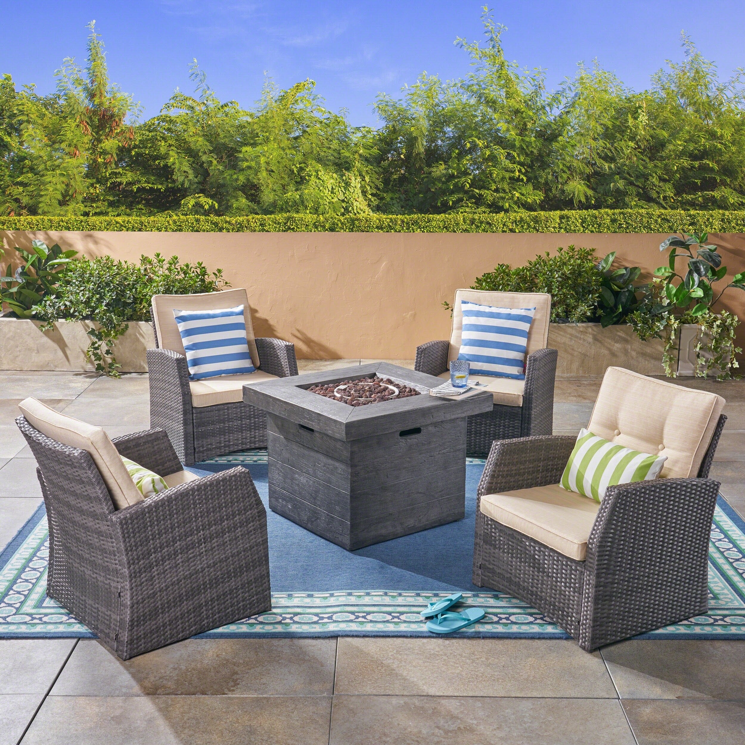 St Marta Conversation Set With Fire Pit Cushioned Wicker Gray