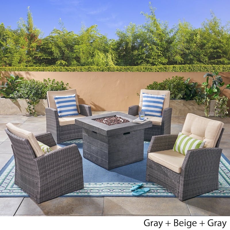 St. Marta Conversation Set with Fire Pit Cushioned Wicker Club Chairs(Set of 4) by Christopher Knight Home