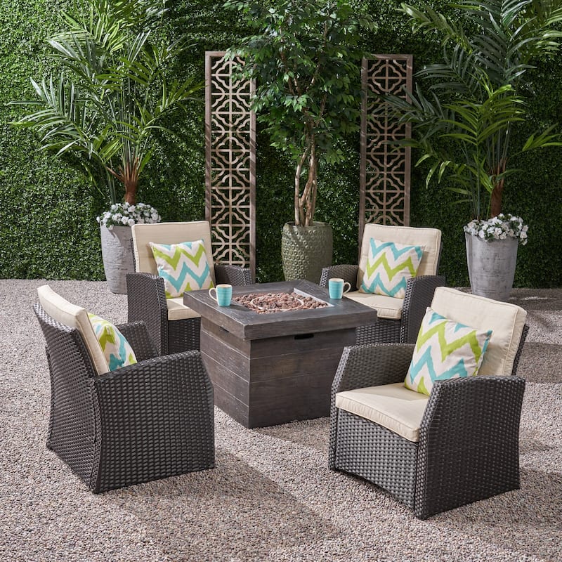 St. Marta Conversation Set with Fire Pit Cushioned Wicker Club Chairs(Set of 4) by Christopher Knight Home