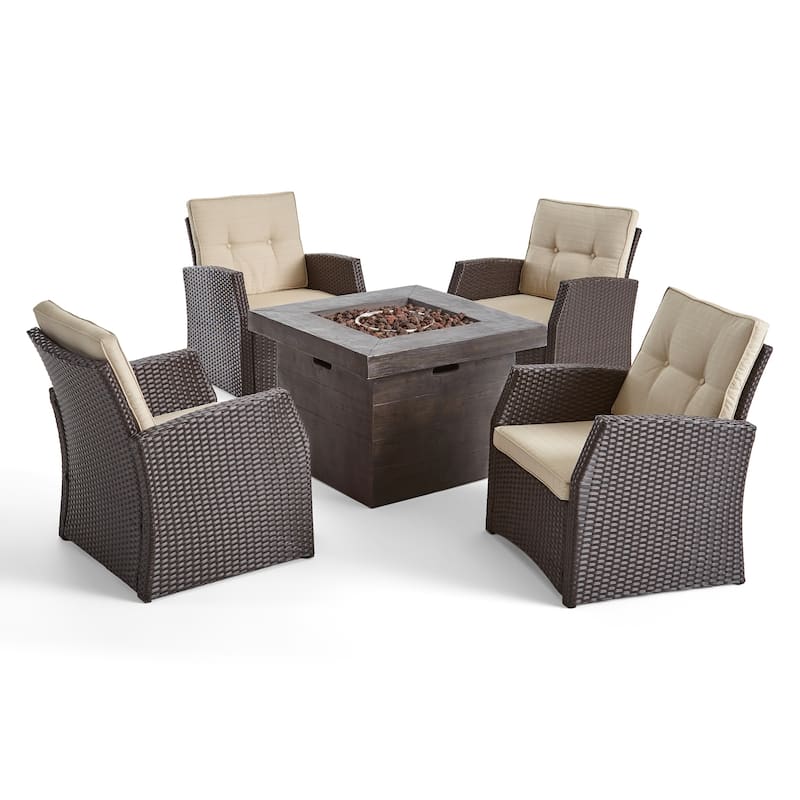 St. Marta Conversation Set with Fire Pit Cushioned Wicker Club Chairs(Set of 4) by Christopher Knight Home
