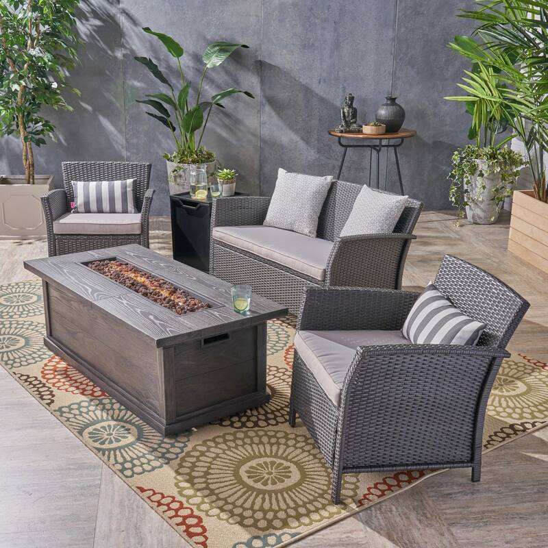 St. Lucia Outdoor 4 Seater Wicker Chat Set with Fire Pit by Christopher Knight Home - gray + black + silver cushion