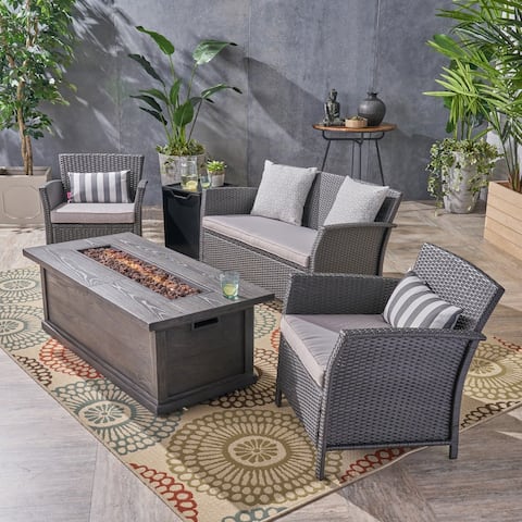St. Lucia Outdoor 4 Seater Wicker Chat Set with Fire Pit by Christopher Knight Home