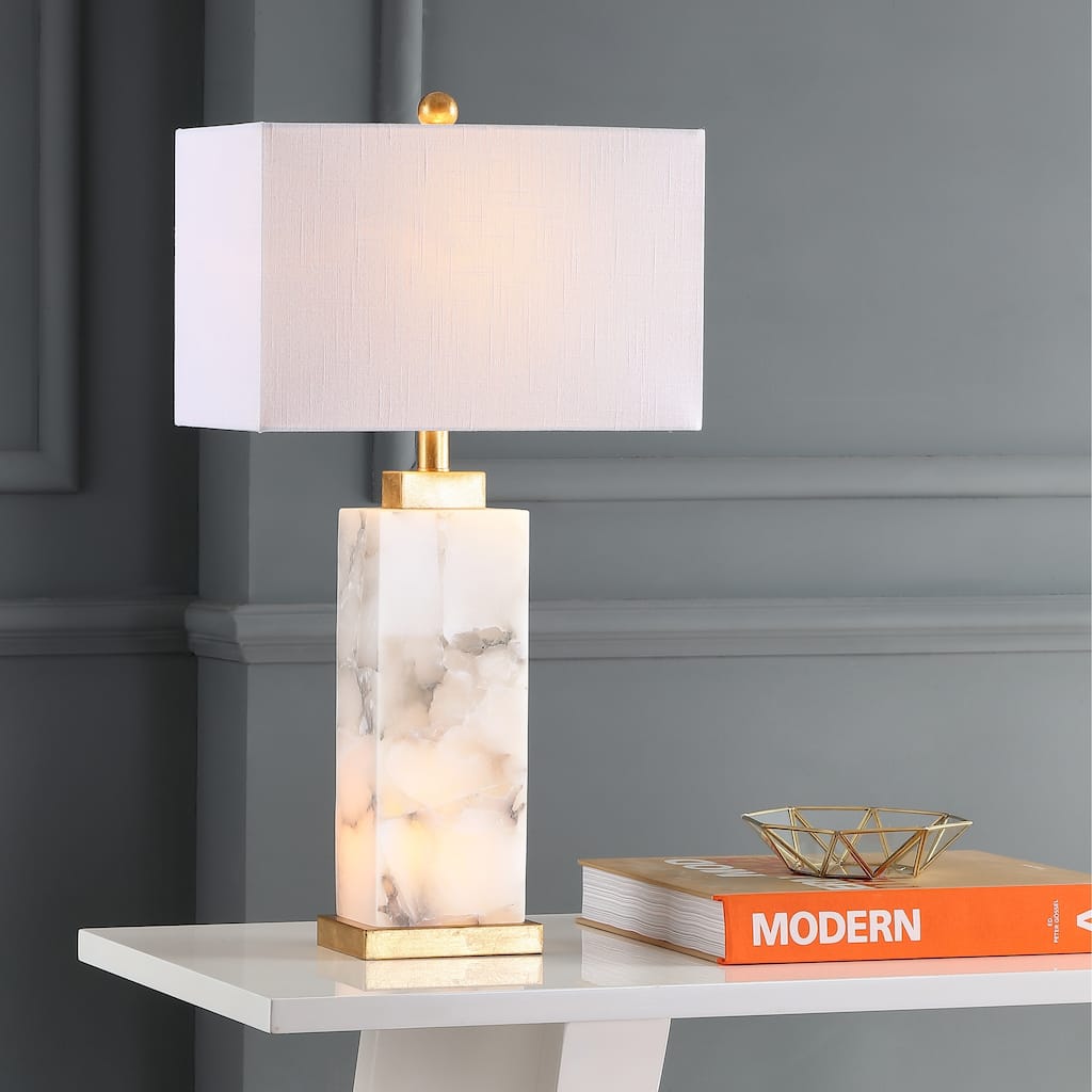 Elizabeth 27.5" Alabaster LED Table Lamp, White/Gold Leaf by JONATHAN Y