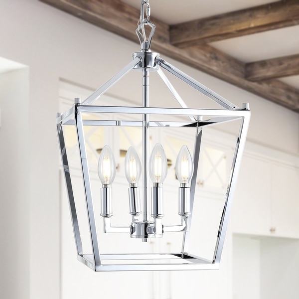 Pagoda 12" 4-Bulb Lantern Metal LED Pendant, Chrome by JONATHAN Y