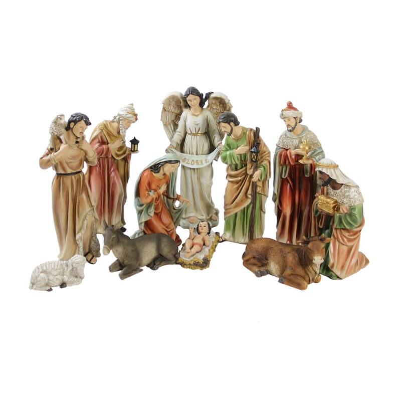 11pc Vibrantly Colored Traditional Religious Christmas Nativity Figurine Set 15.5". - 15.5"
