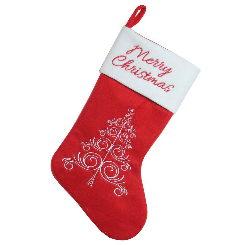 15.75" Red and White Merry Christmas Tree Stocking with Cuff - Red