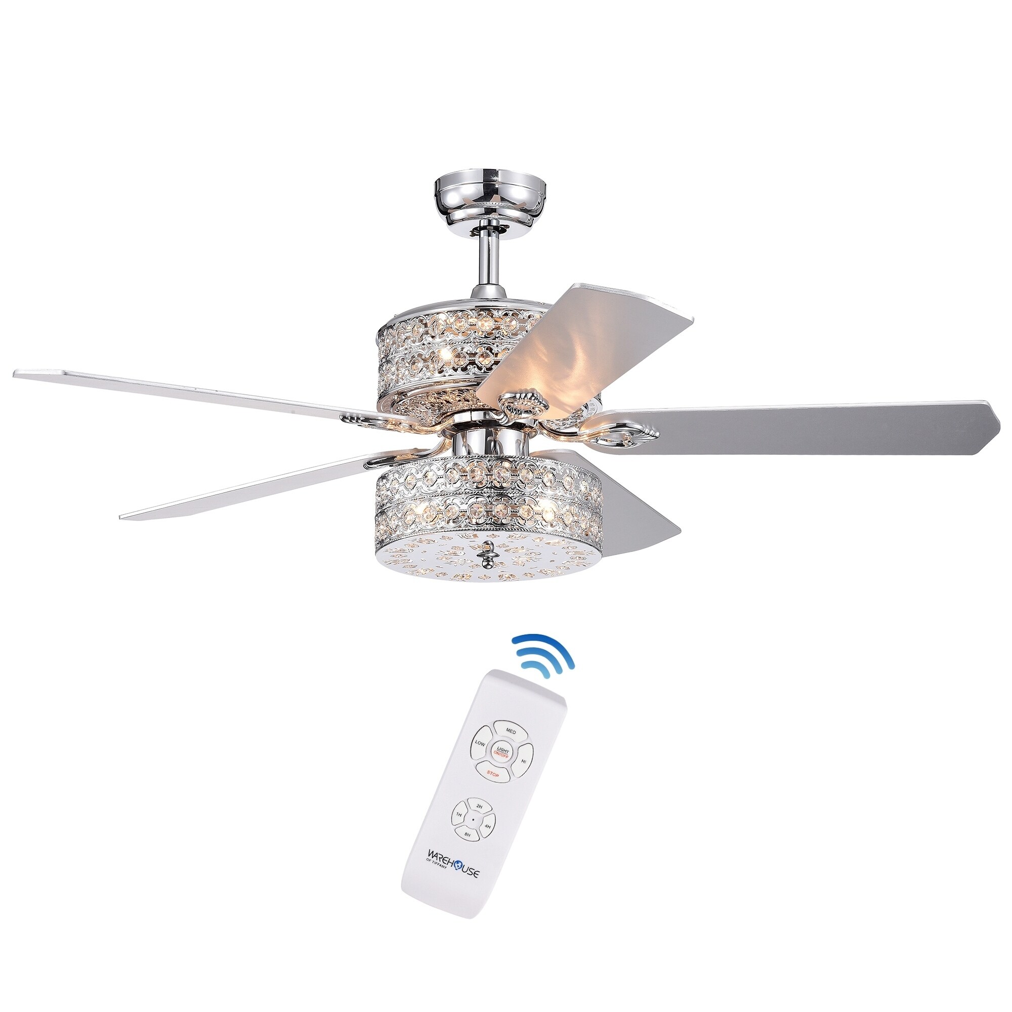 Empire Deux 5 Blade Silver Chandelier Ceiling Fan 52 Inch Optional Remote Control Incl 2 Color Option Blades