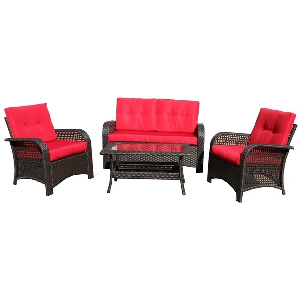 4 Piece Brown Resin Wicker Outdoor Patio Furniture Set Red 4 Piece Brown Resin Wicker Outdoor Patio Furniture Set Red Cushions