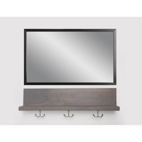 Weathered Gray Wall Shelf with Silver Utility Hooks and Mirror
