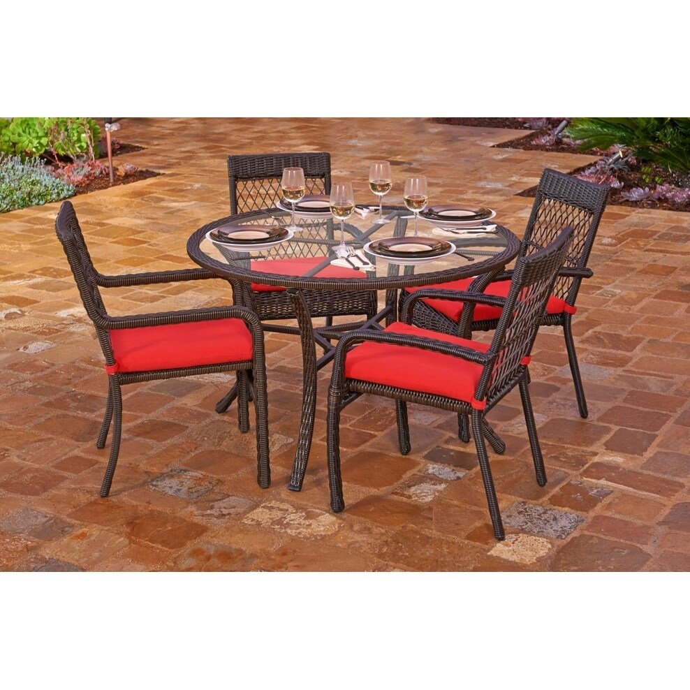 Shop 5 Piece Beacon Cappuccino Weave Resin Wicker Outdoor Chair And Dining Table Set Solid Red Cushions Overstock 23004873