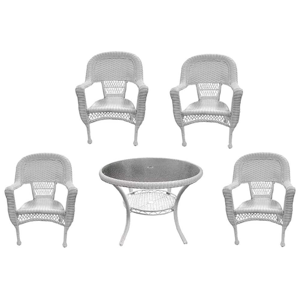 5-Piece White Resin Wicker Patio Dining Set - Table and 4 Chairs