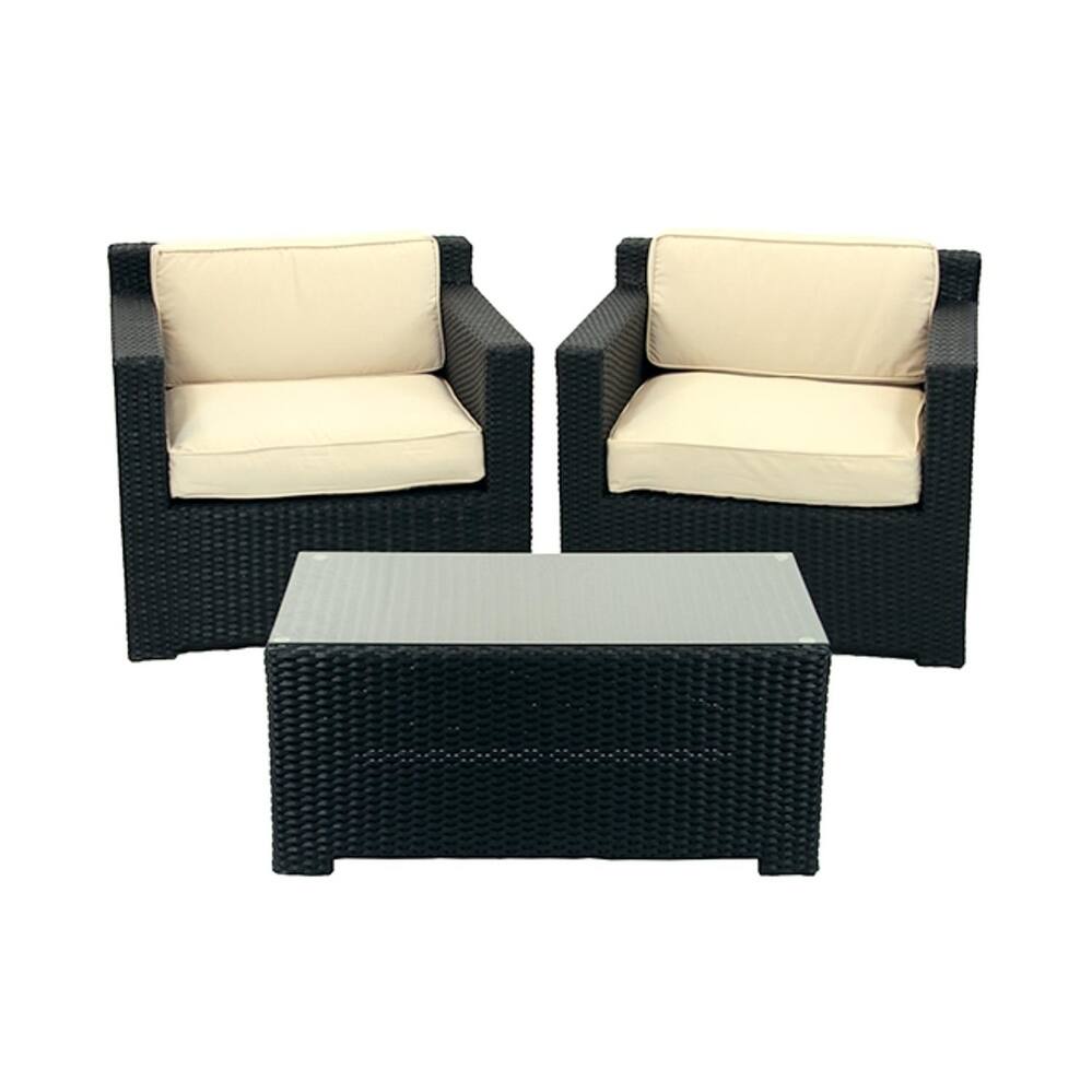 3-Piece Black Resin Wicker Outdoor Patio Furniture Set - Beige Cushions