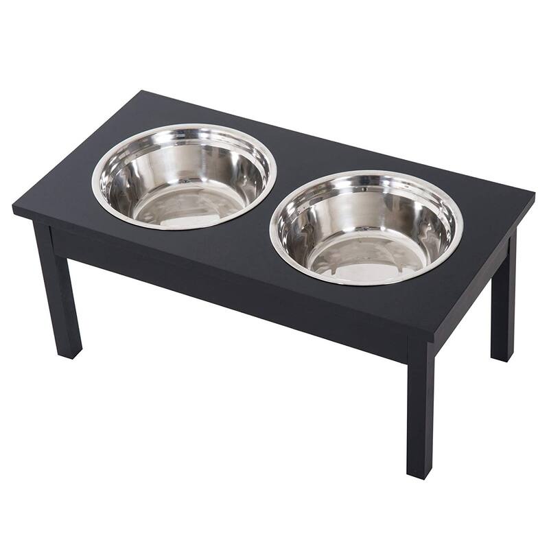 PawHut 23"L Durable Wooden Heavy Duty Dog Feeding Station with 2 Stainless Steel Pet Bowls - Black