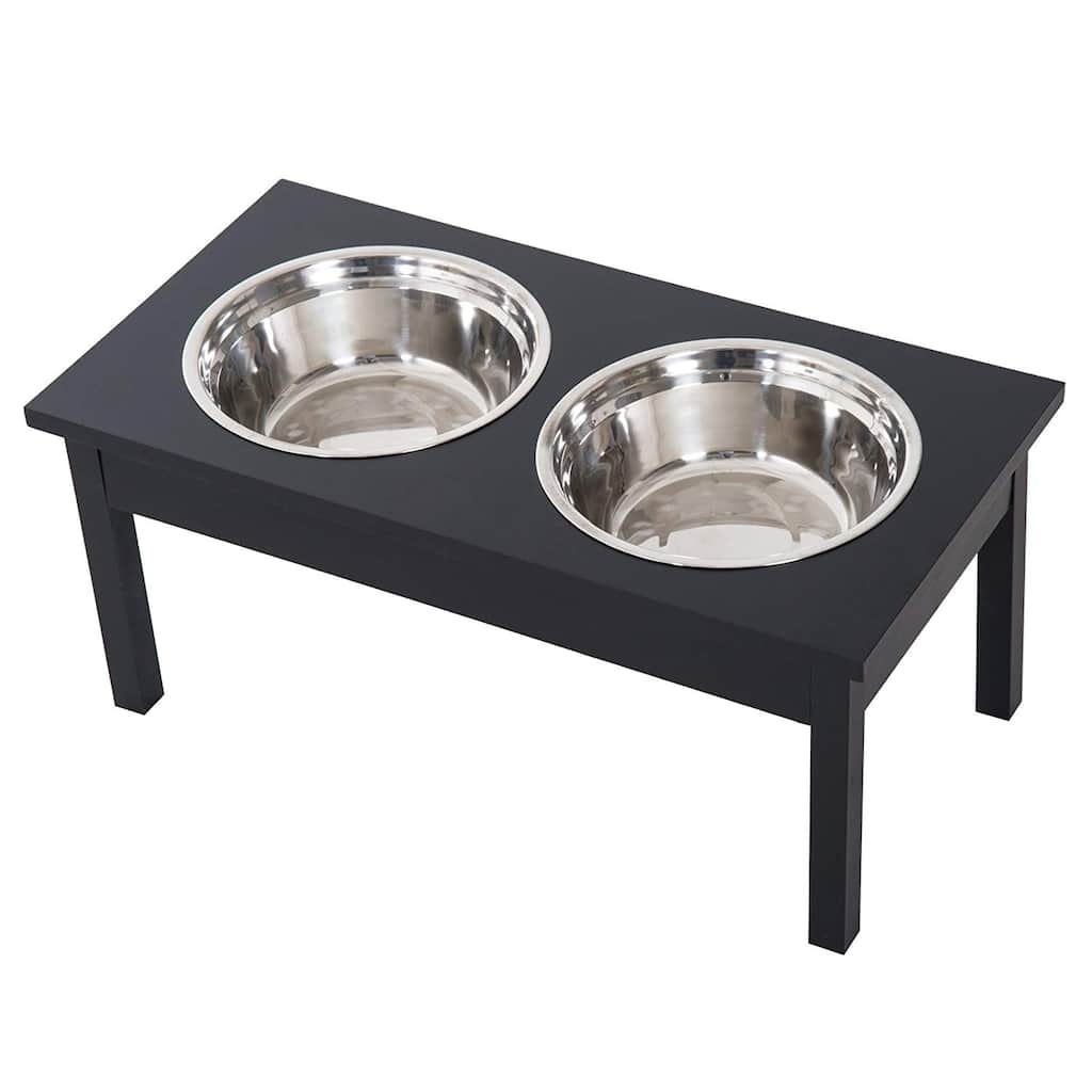 PawHut 23"L Durable Wooden Heavy Duty Dog Feeding Station with 2 Stainless Steel Pet Bowls - Black