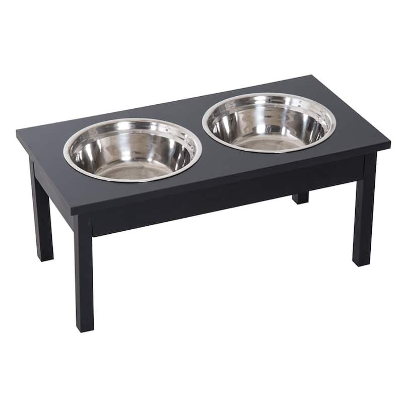 PawHut 23"L Durable Wooden Heavy Duty Dog Feeding Station with 2 Stainless Steel Pet Bowls - Black