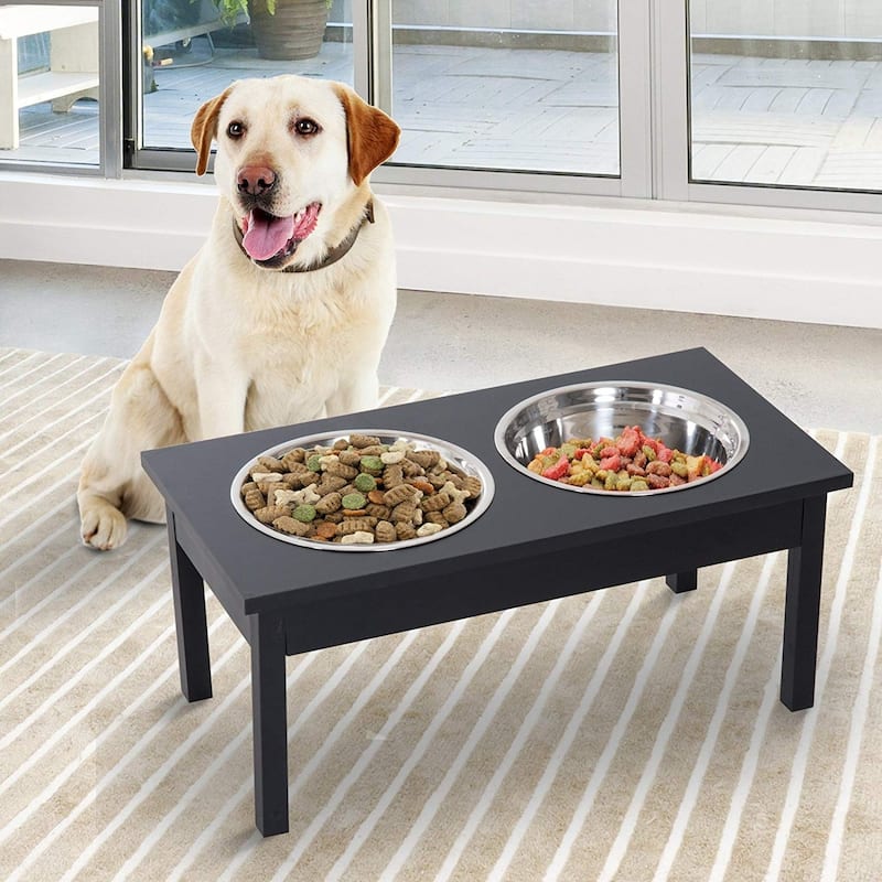 PawHut 23"L Durable Wooden Heavy Duty Dog Feeding Station with 2 Stainless Steel Pet Bowls - Black