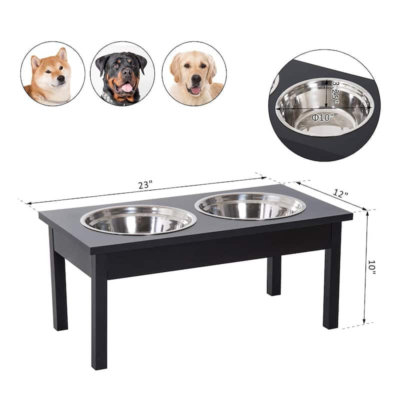 PawHut 23"L Durable Wooden Heavy Duty Dog Feeding Station with 2 Stainless Steel Pet Bowls - Black