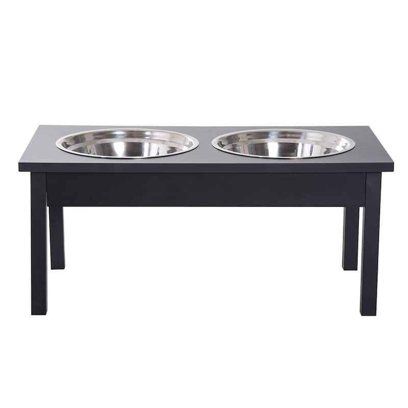 PawHut 23"L Durable Wooden Heavy Duty Dog Feeding Station with 2 Stainless Steel Pet Bowls - Black