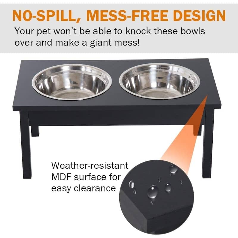 PawHut 23"L Durable Wooden Heavy Duty Dog Feeding Station with 2 Stainless Steel Pet Bowls - Black