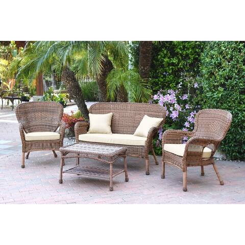 4pc Windsor Honey Wicker Conversation Set - Ivory Cushions