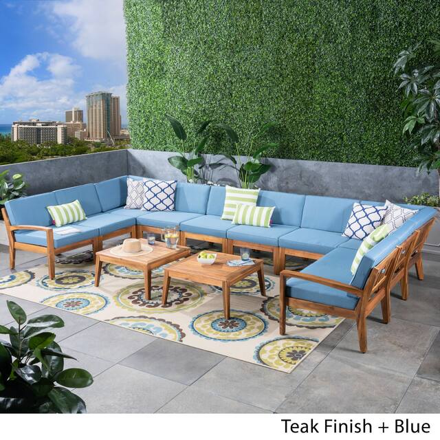 Grenada Outdoor Acacia Wood 10 Seater Sectional Sofa Set with Two Coffee Tables by Christopher