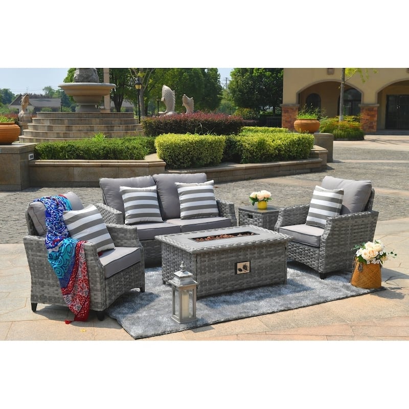 5-piece Patio Wicker Chat Set with Gas Fire Pit Table