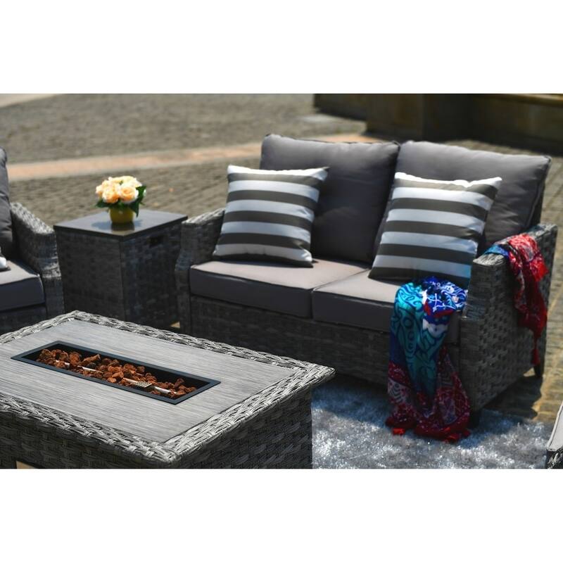 5-piece Patio Wicker Chat Set with Gas Fire Pit Table