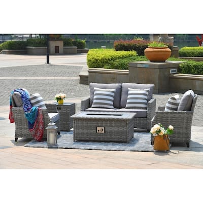 5-piece Patio Wicker Chat Set with Gas Fire Pit Table