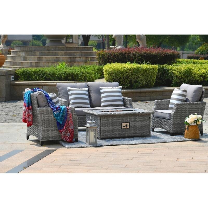 5-piece Patio Wicker Chat Set with Gas Fire Pit Table
