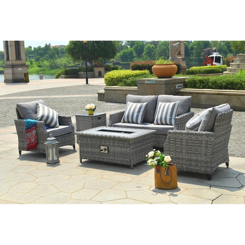 5-piece Patio Wicker Chat Set with Gas Fire Pit Table