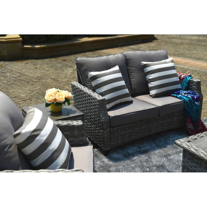 5-piece Patio Wicker Chat Set with Gas Fire Pit Table