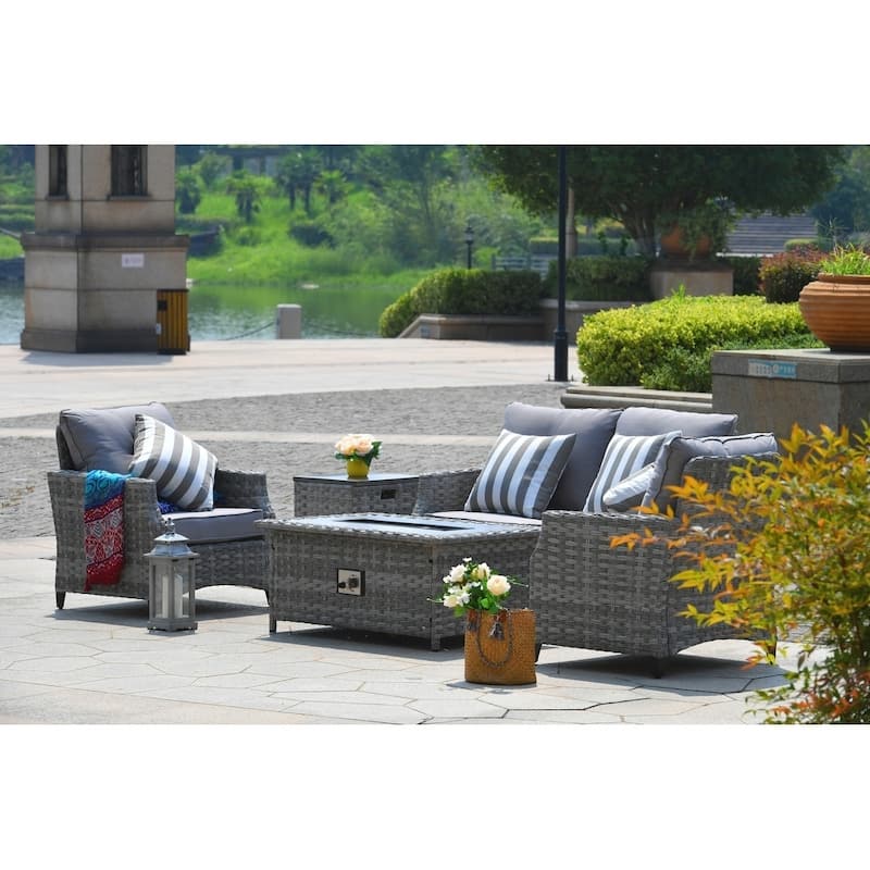 5-piece Patio Wicker Chat Set with Gas Fire Pit Table