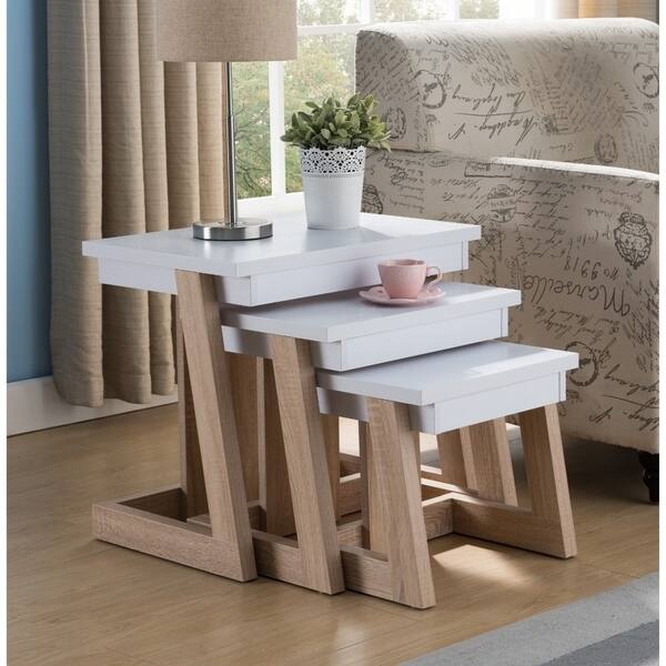 Wooden Nested End Table, White & Weathered Wood Brown (Set of 3