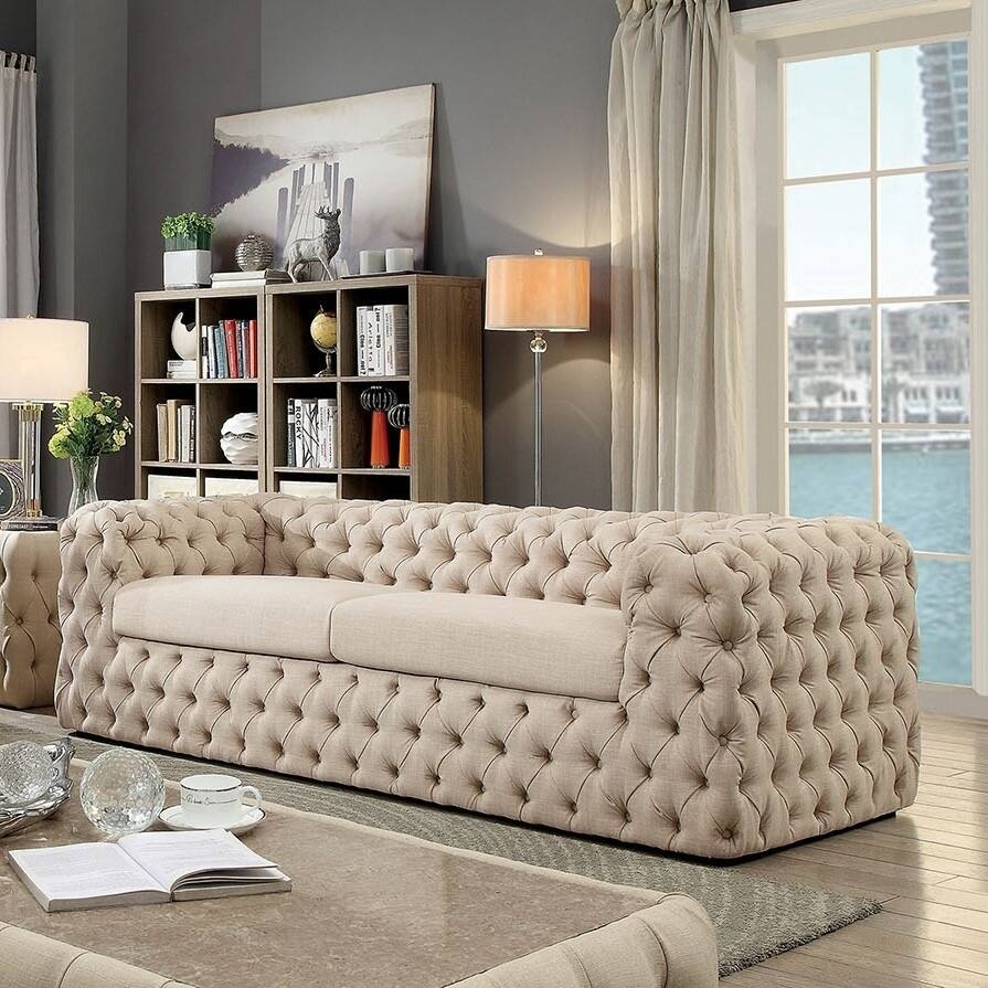 Contemporary Style Button Tufted Sofa, Beige