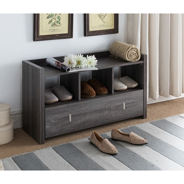 Shop Black Friday Deals On Wooden Storage Shoe Rack Bench With 3 Shelves And Raised Top Distressed Gray Overstock 23008228