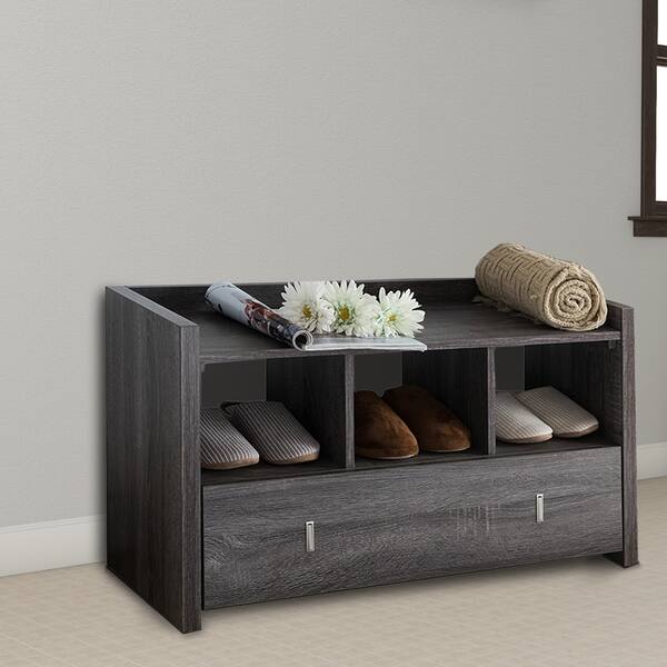 Shop Black Friday Deals On Wooden Storage Shoe Rack Bench With 3 Shelves And Raised Top Distressed Gray Overstock 23008228