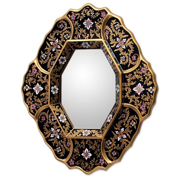 Decorative Long Mirror Gold Narrow Wood Framed Wall Mirror Tall Narrow rectangular wall mirror Peruvian painted glass,Antique Charm