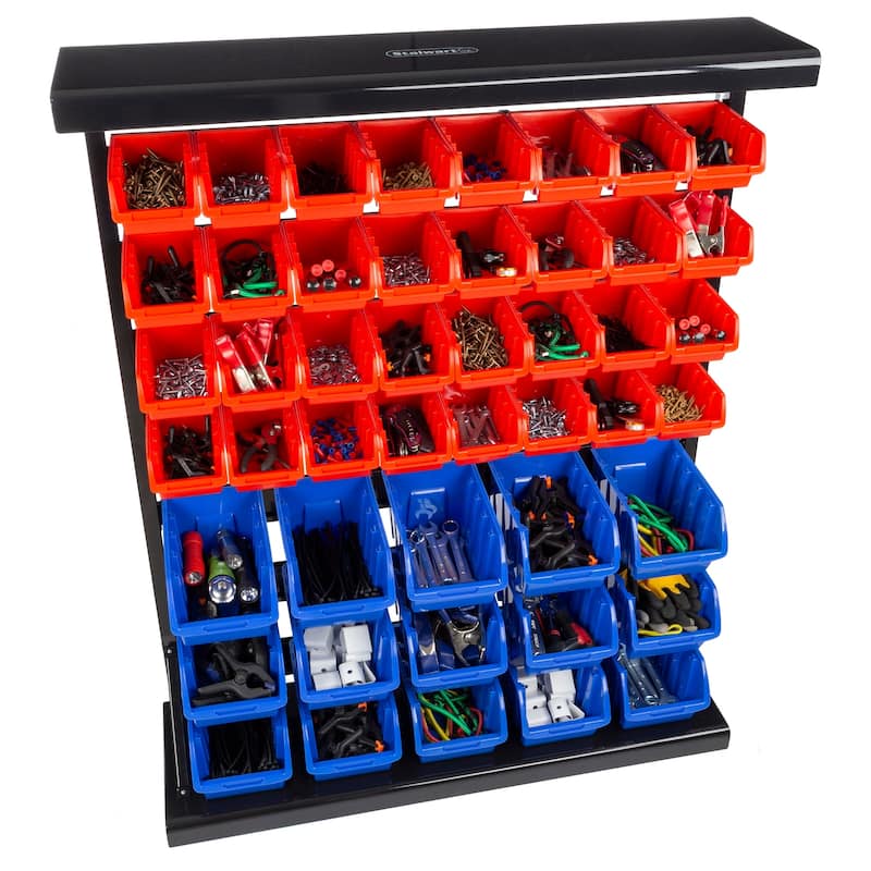 47 Bin Tool Organizer - Wall Mountable Container with Removable Drawers for Garage Organization, Storage by Stalwart (Red/Blue)