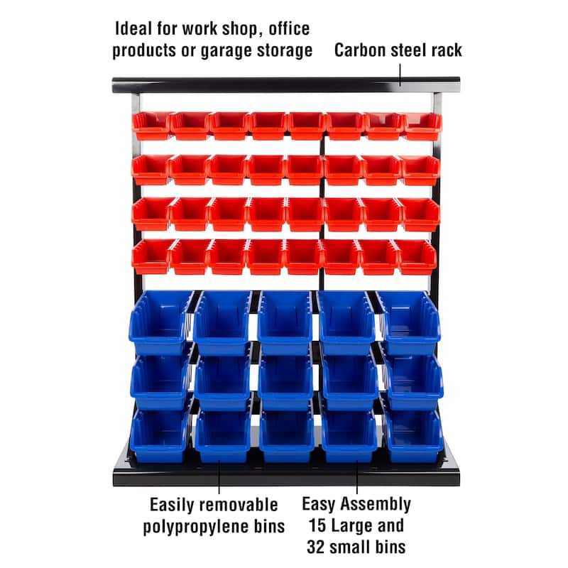 47 Bin Tool Organizer - Wall Mountable Container with Removable Drawers for Garage Organization, Storage by Stalwart (Red/Blue)