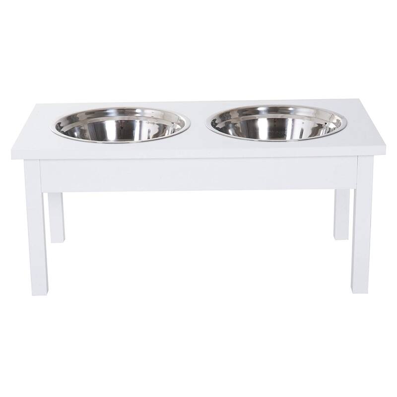 PawHut 23" Elevated Durable Wooden Heavy Duty Dog Pet Bowl Feeding Station - White