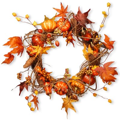 National Tree Company Artificial Autumn Wreath with Pumpkins, Gourds, Pinecones, Berry Clusters, Maple Leaves, 21 in. - 21 in