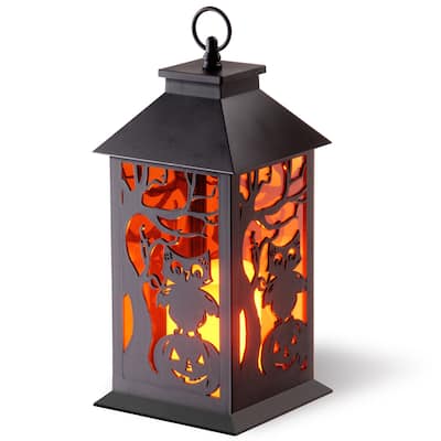 National Tree Company Halloween Lantern with LED Lights, Carved Images of Owls, Pumpkins, Leafless Trees , 12 inches - 12 in