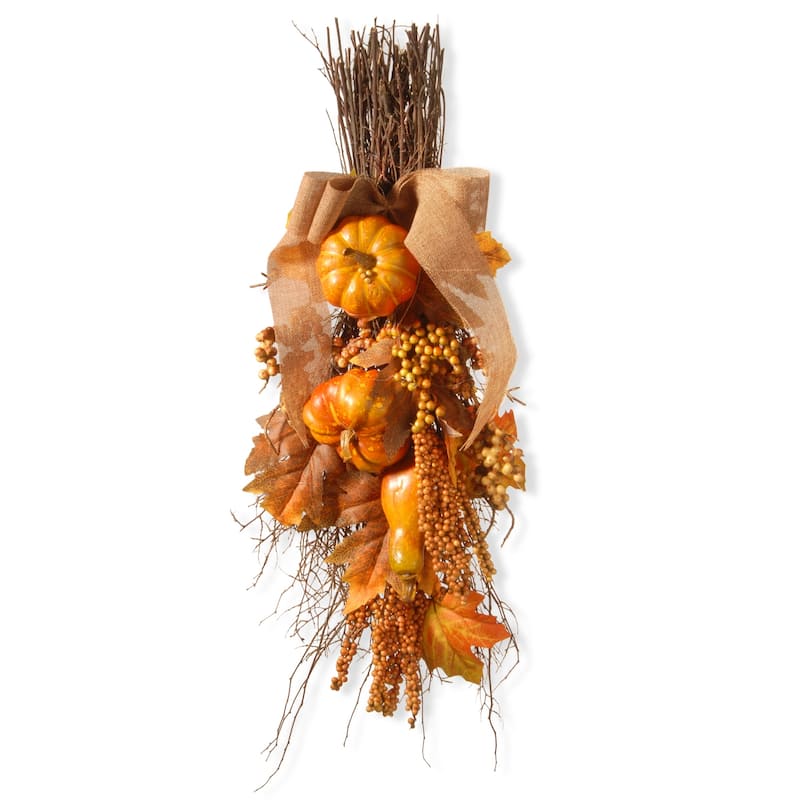 National Tree Company Artificial Fall Teardrop Wall Decoration with Pumpkins, Berry Clusters, Maple Leaves, 18 inches - 18 in