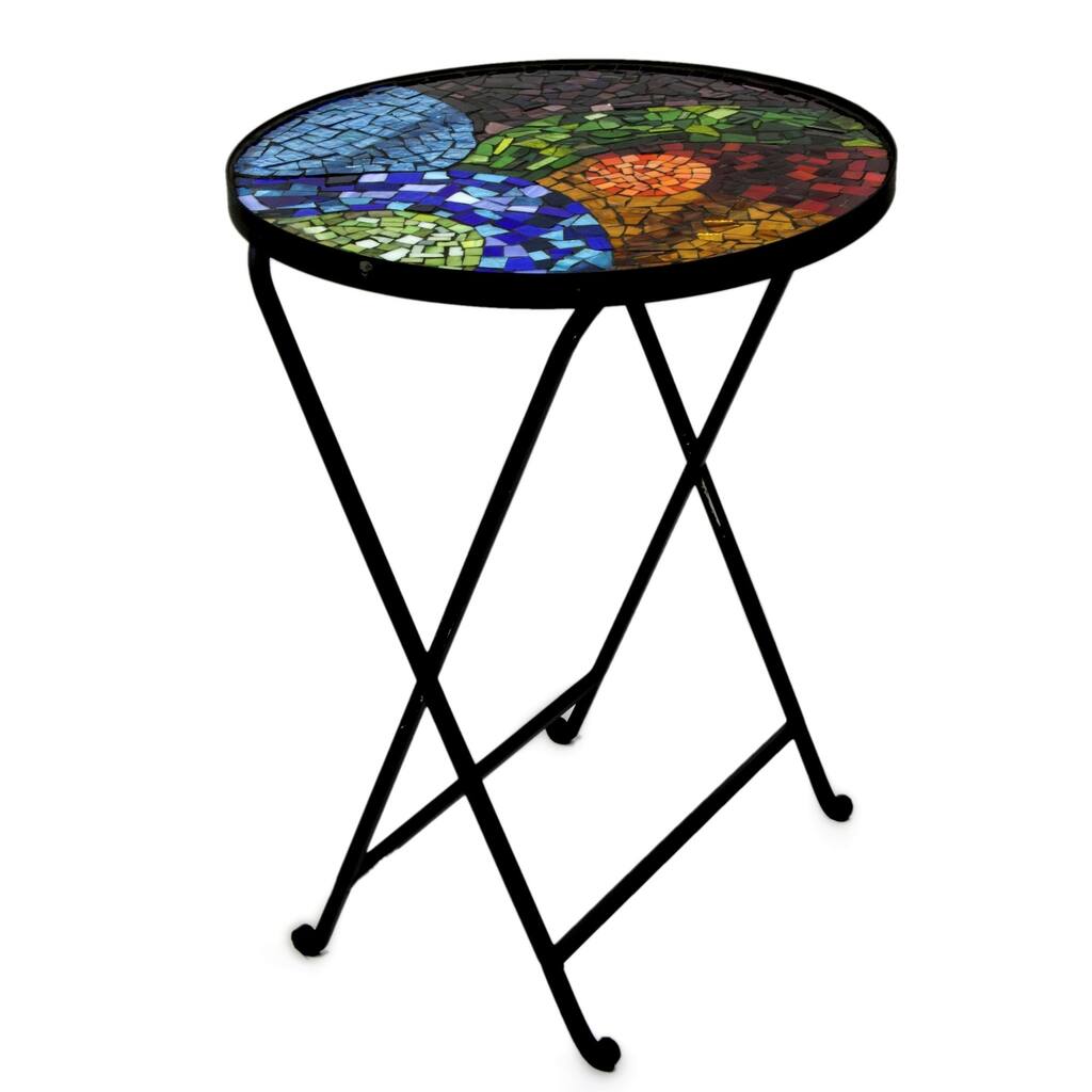 Colorful Spectacle Multicolor Artisan Stained Glass Mosaic Top Forged Iron Folding Table