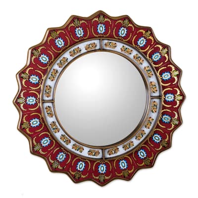 Ruby Medallion Reverse Painted Glass Red Mirror - N/A